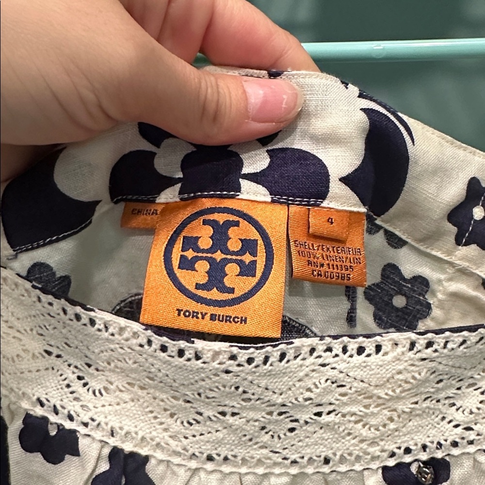 Tory Burch Cream and Navy beaded Floral Blouse - Picture 5 of 6